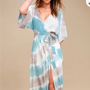 NWT Lulus Blue/Taupe Tie Dye Maxi Dress Kimono Sleeve Boho Beach Resort Dress